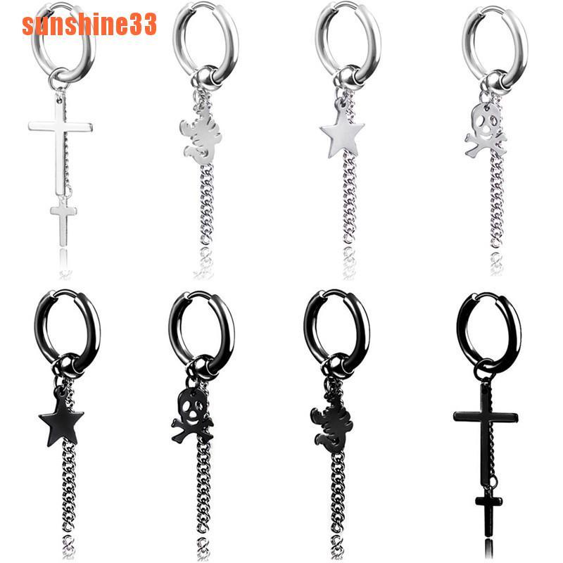 1PC Titanium Steel Cross Skull Earrings Ear Studs Tassel Chain Earrings J