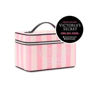 273 - Hộp đựng đồ trang điểm cứng sọc hồng siêu xinh, KT: 15x22cm - Hàng nhập Victoria's Secret USA