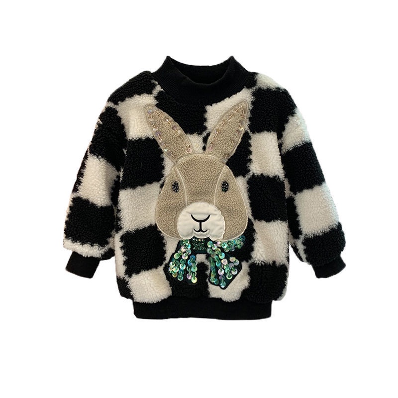Áo sweater tròng đầu vải nhung thêu hình thỏ hoạt hình đáng yêu cho bé gái