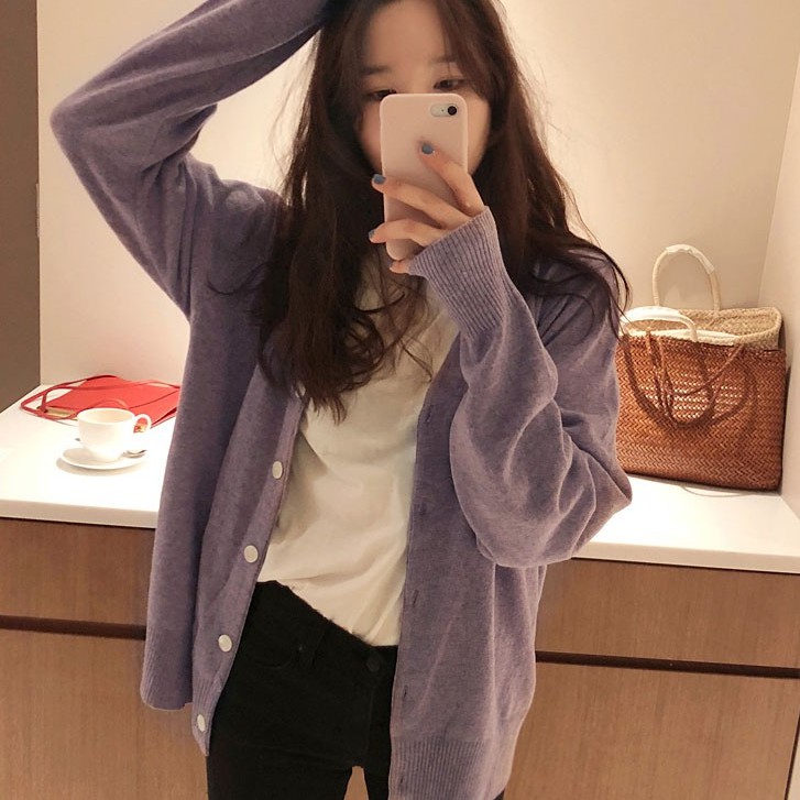 Áo khoác Cardigan Memo Purple vải len màu tím basic