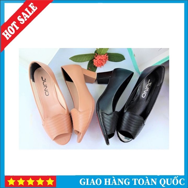 Giày Hè Nữ Dập Vân, Hở Mũi, Gót 3- 5-7cm Màu Đen, Cacao. Da 2 Lớp Mềm Êm Full Size Từ 35 - 40