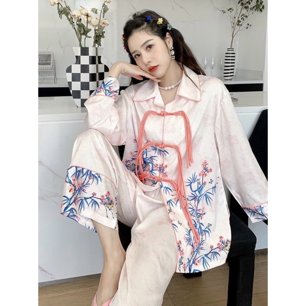 [Hàng sẵn] bộ ngủ mặc nhà pijama lụa xước Quảng Châu cao cấp nút thắt hồng
