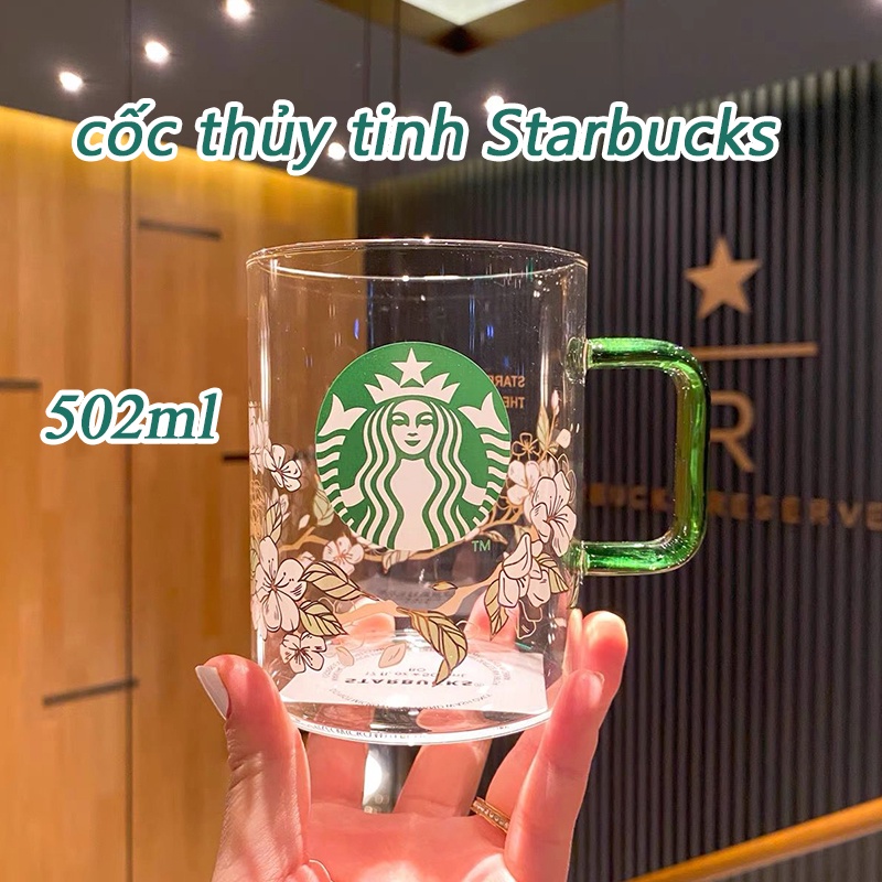 cốc thủy tinh Starbucks Cốc hoa lê 502ml Tay cầm màu xanh lá cây Dung tích lớn Ly cà phê Uống văn phòng Hộp quà sáng