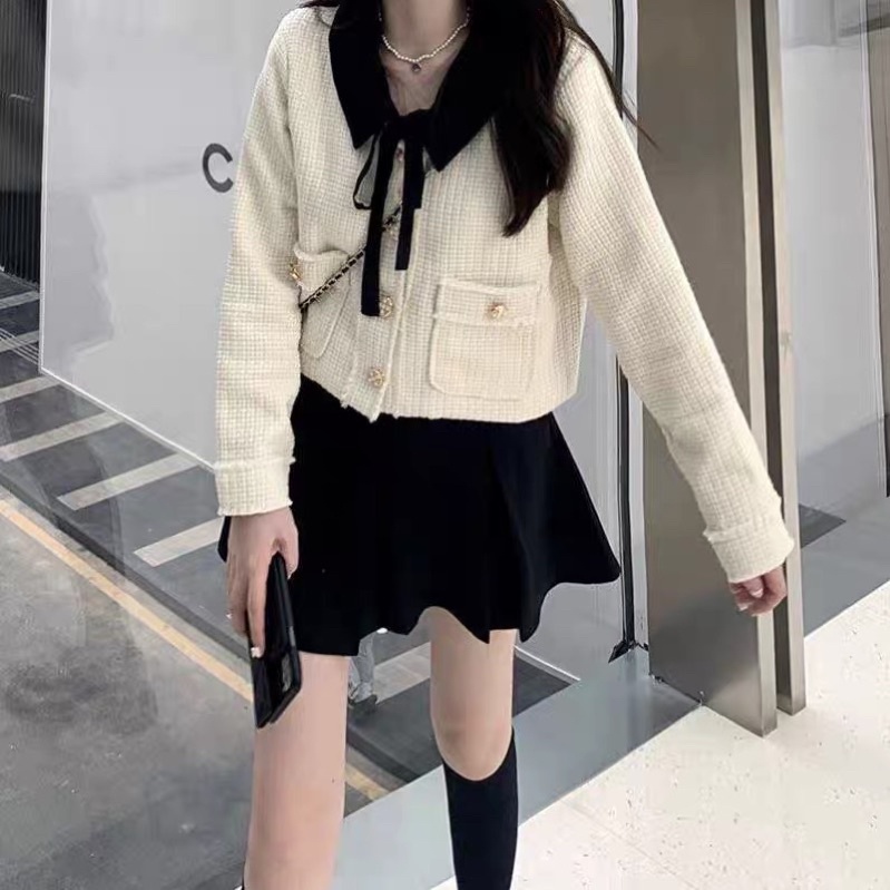[Ảnh thật/Video]Áo khoác dạ tweed kiểu xinh dáng ngắn nơ cổ thiêu thư | BigBuy360 - bigbuy360.vn