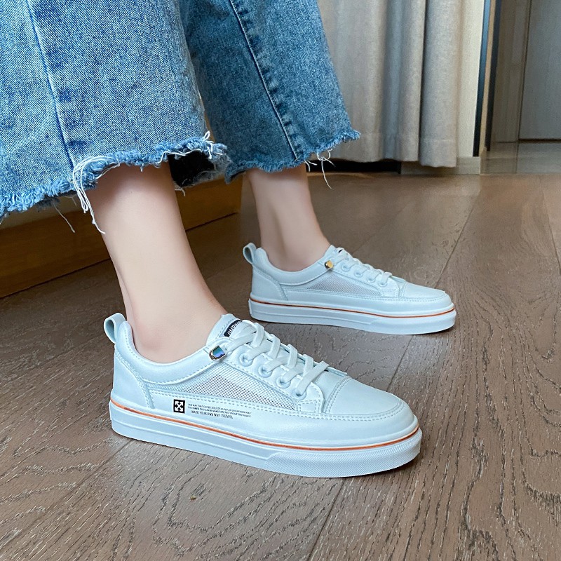 Giày thể thao nữ da mềm phối lưới thoáng khí phong cách Hàn Quốc, đế dẻo đi êm chân