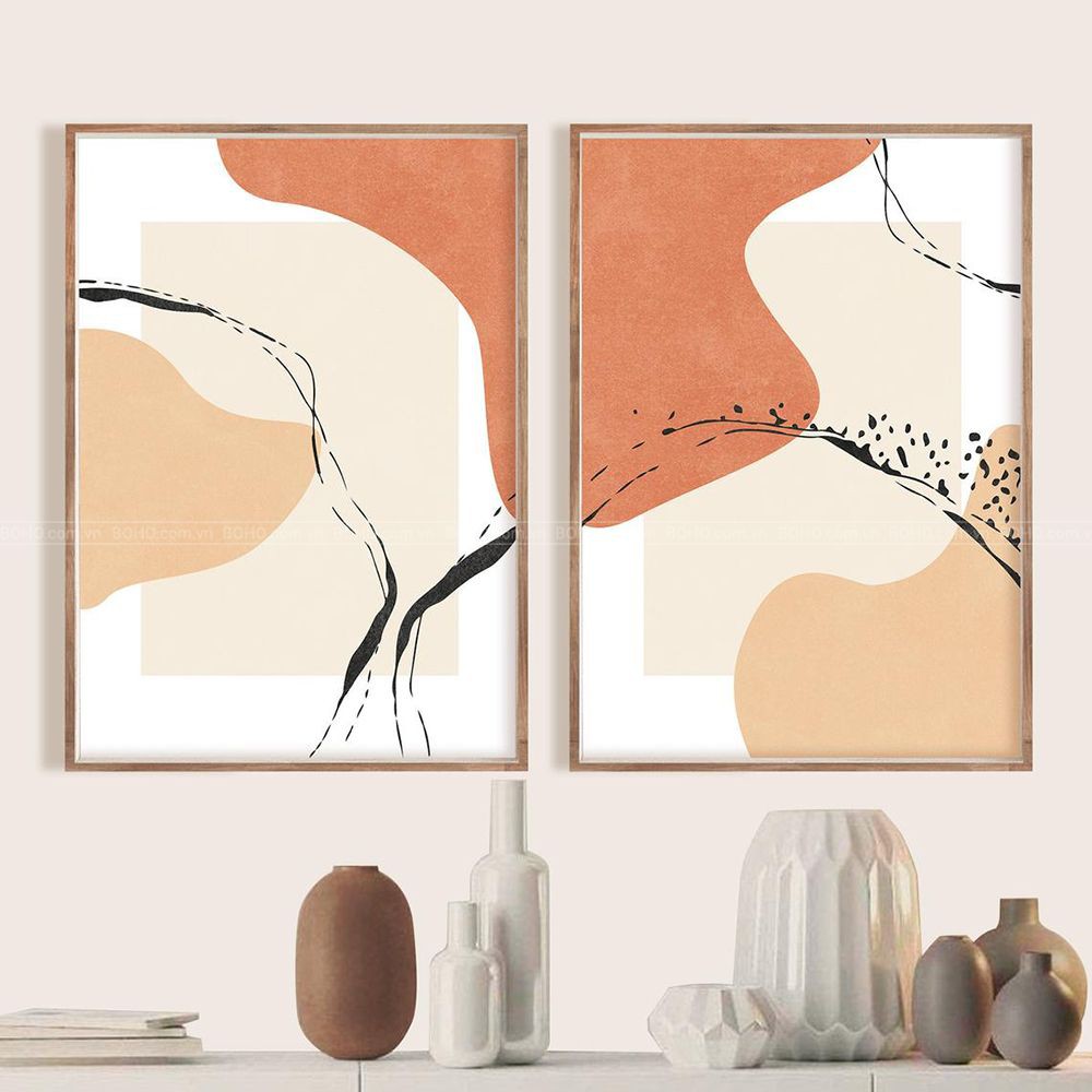 Bộ 2 tranh BOHO trừu tượng - Tranh canvas treo tường phòng khách phòng ngủ, tặng đinh 3 chân treo tranh.