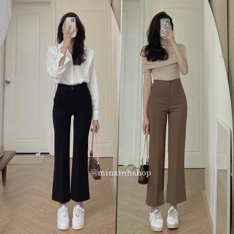 Quần tây ống loe cạp cao khoá trước chất vải tuyết mưa dày vừa màu đen cực tôn dáng mặc đi làm công sở chơi học đều xinh