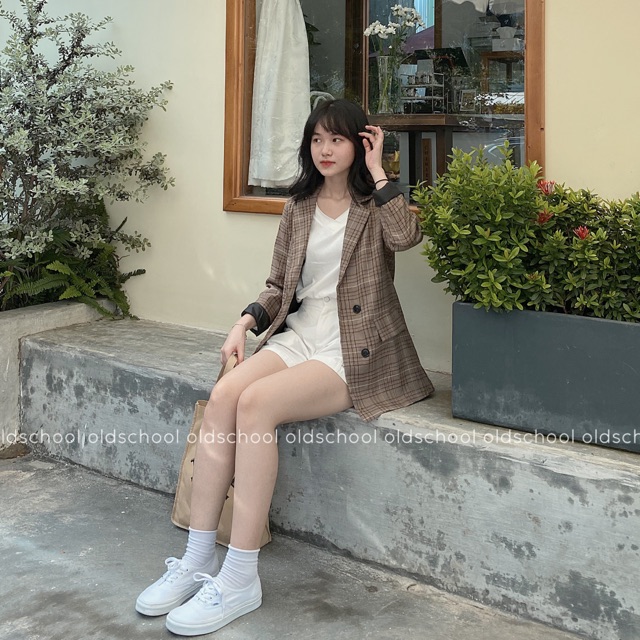 ÁO BLAZER 2 LỚP KẺ NÂU CHOCO (ảnh thật/sẵn)