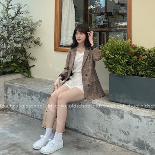 ÁO BLAZER 2 LỚP KẺ NÂU CHOCO (ảnh thật/sẵn)