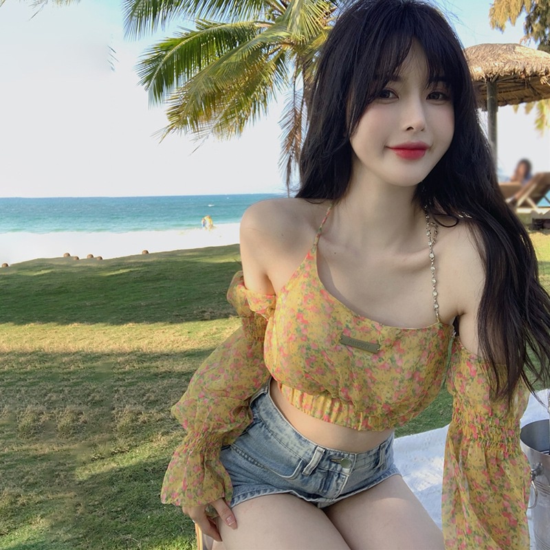 Áo Crop Top Siêu Ngắn Trễ Vai Tay Dài In Họa Tiết Hoa Phong Cách Thời Trang Hàn Quốc Dành Cho Nữ