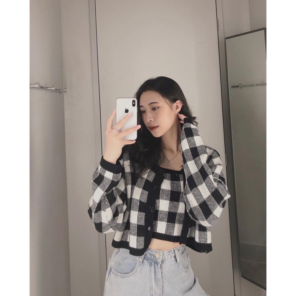 SET Áo Cardigan len kẻ caro mix áo 2 dây siêu xinh