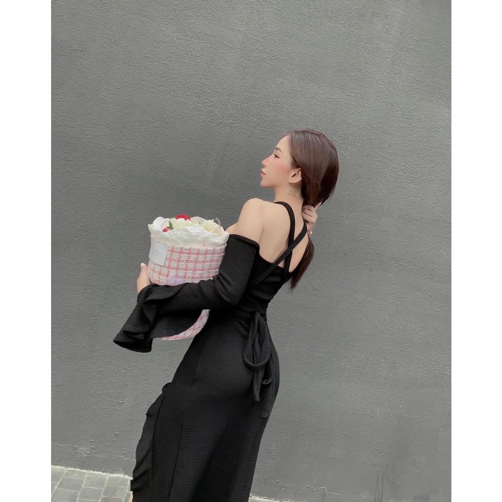 Đầm Body Tay Dài Xẻ Đùi Bèo Cách Điệu