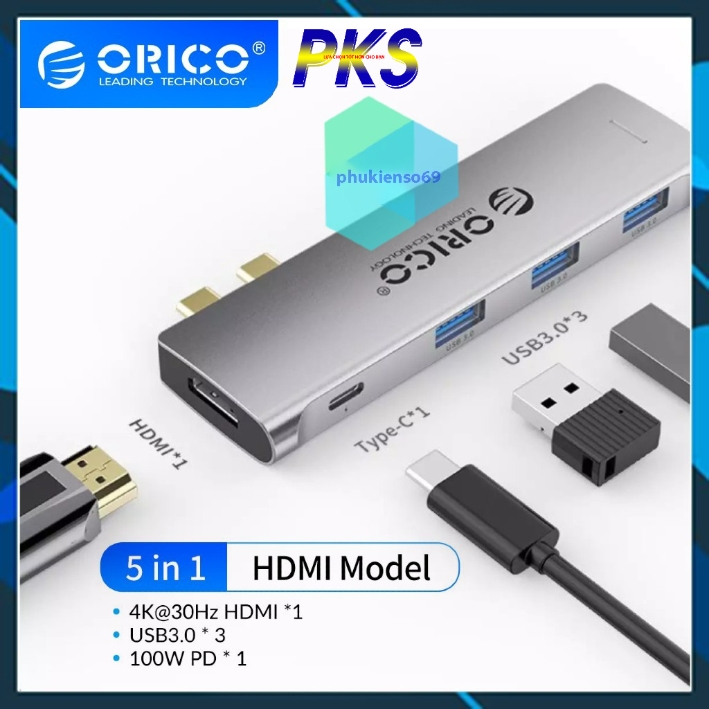 Hub chuyển đổi USB Type-C 5 trong 1 ORICO 2CT-5H-GY1 - Hàng Chính Hãng