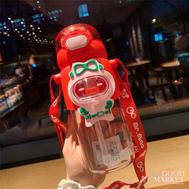 Bình Nước Nhựa Cao Cấp 600ml Có Ống Hút Và Dây Đeo Họa Tiết Hoạt Hình Cho Bé