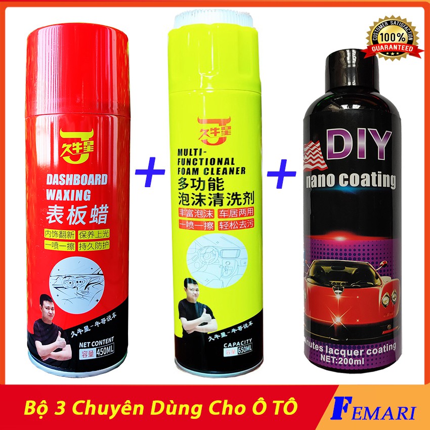 BỘ 3 Chai vệ sinh nội thất ô tô - Phục hồi nhựa, ghế da - Phủ nano chống nước phủ bóng sơn xe