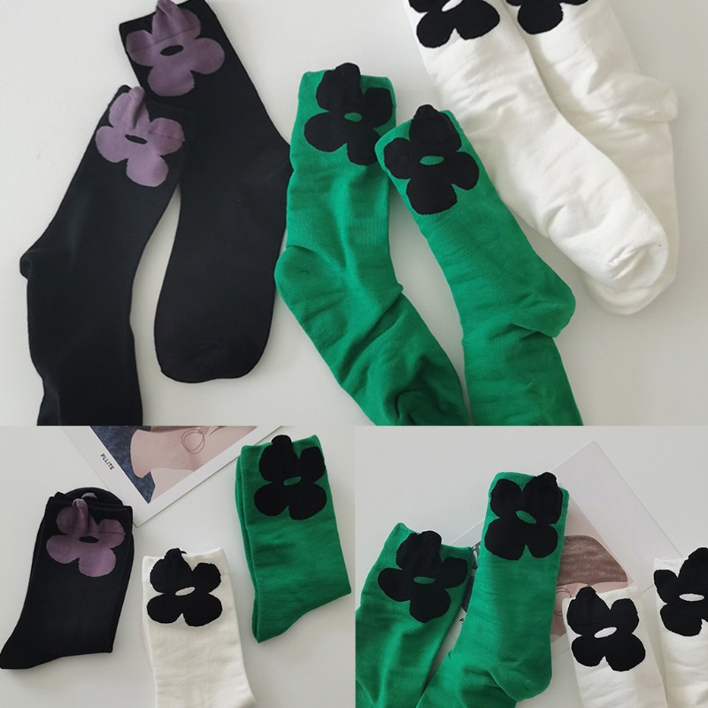 YOUYO Vớ cotton cổ thuyền họa tiết hoa màu sắc tương phản phong cách Harajuku Hàn Quốc cho nữ sinh