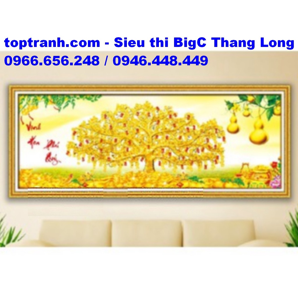 Tranh thêu chữ thập cây kim tiền màu vàng, cây tài lộc vinh hoa phú quý 223127 chưa thêu
