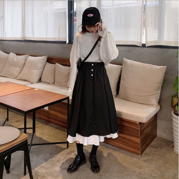 [SIÊU XINH] Chân váy nữ ulzzang dáng dài phối 2 màu đen trắng phong cách Hàn Quốc