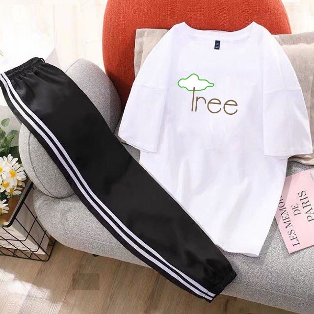 Set Bộ Nữ Mùa Hè Gồm Áo Phông Cotton Organic Ngắn Tay In Chữ Tree Cách Điệu Kết Hợp Quần Thun Dài Bo Gấu Sọc Kẻ Trắng