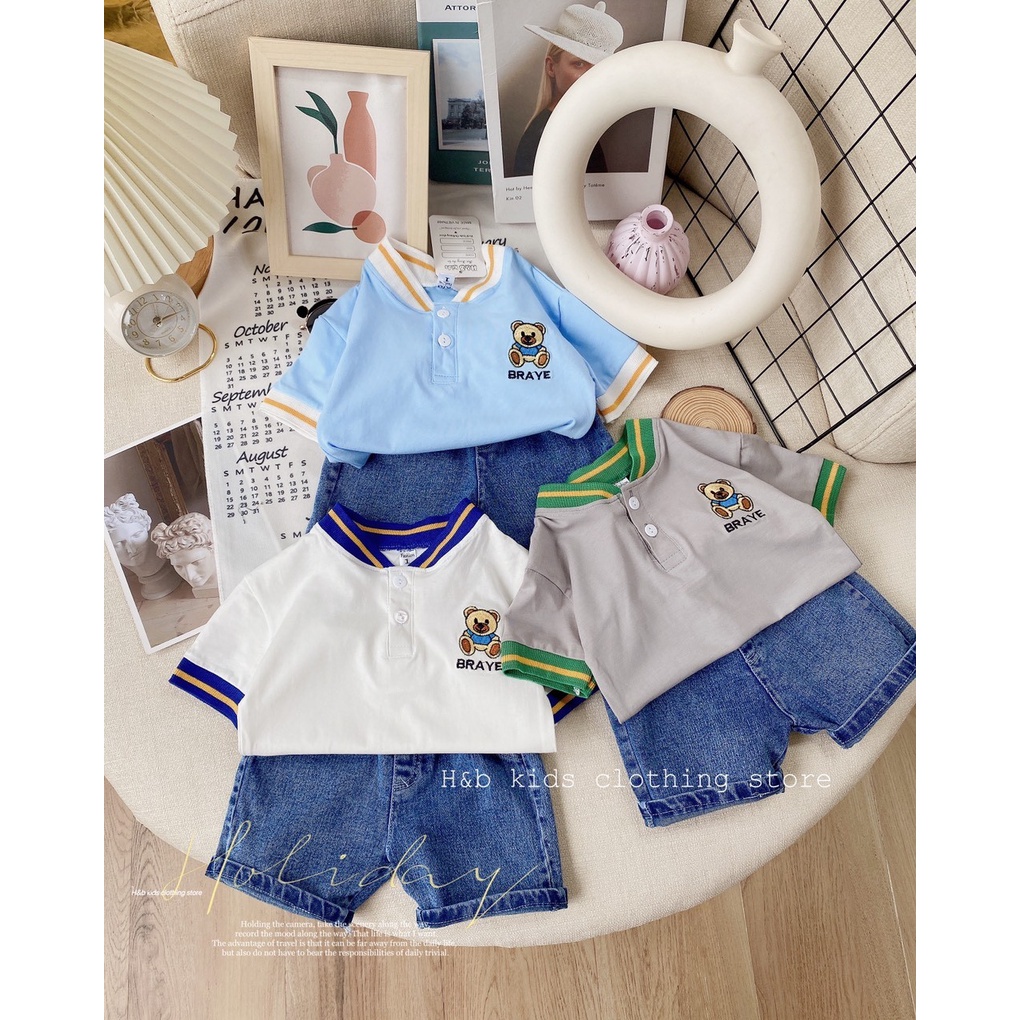 Set áo cổ dệt thêu gấu BRAVE bé trai