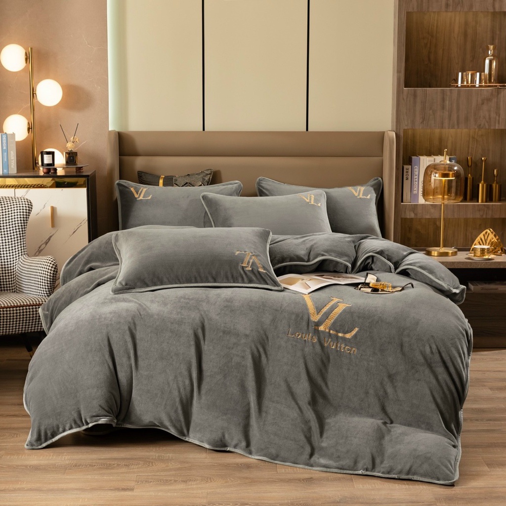 Bộ chăn ga gối nỉ nhung LV, set 4 món vỏ chăn ga và vỏ gối nỉ nhung thêu thương hiệu cao cấp