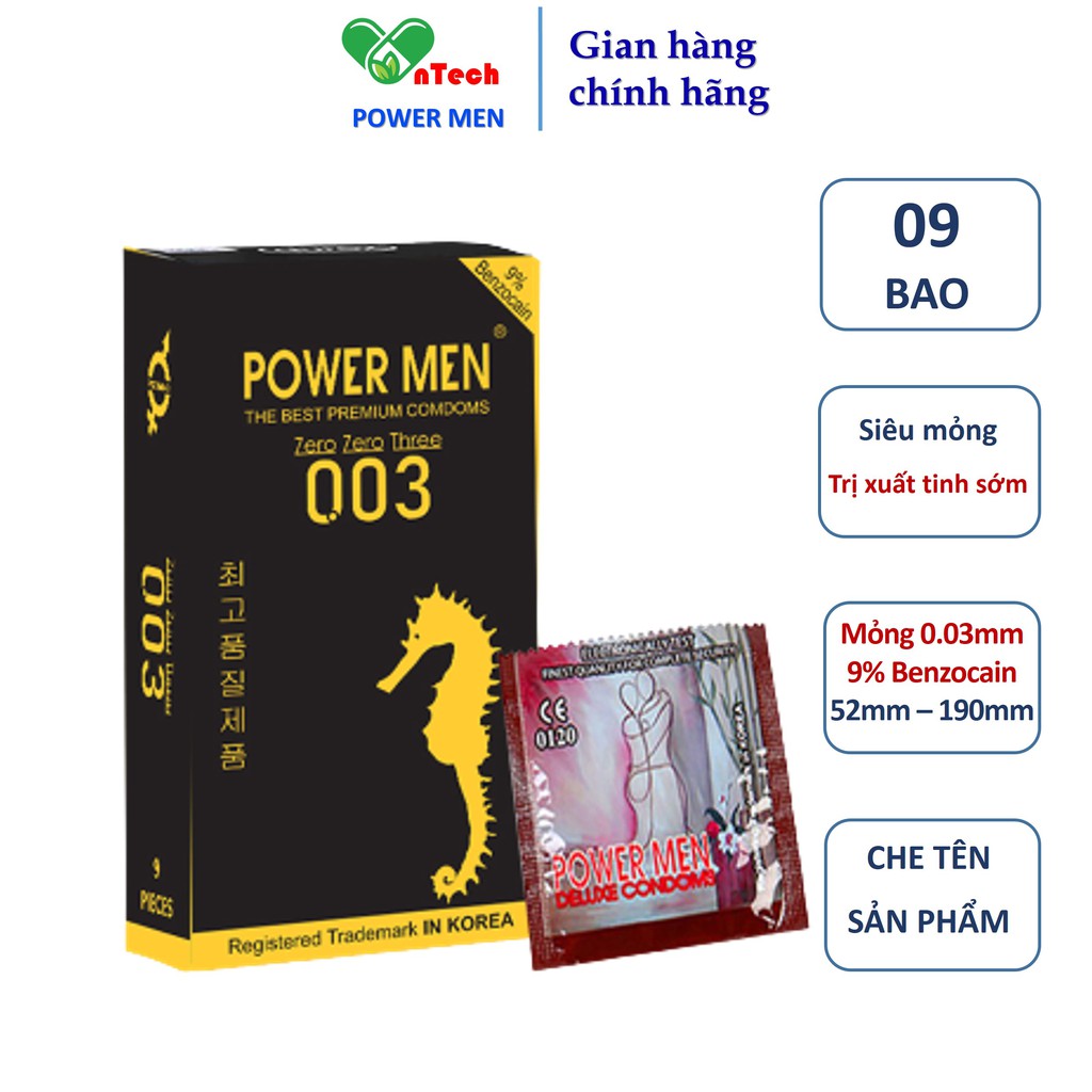 Bao cao su POWER MEN 0.03 siêu mỏng trơn siêu kéo dài thời gian chứa 9% Benzocain hạn chế xuất tinh sớm hộp 12 cái