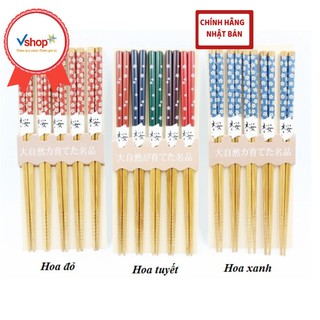 Bộ 5 đũa mẫu hoa xanh + hoa đỏ - Hàng Nhật nội địa