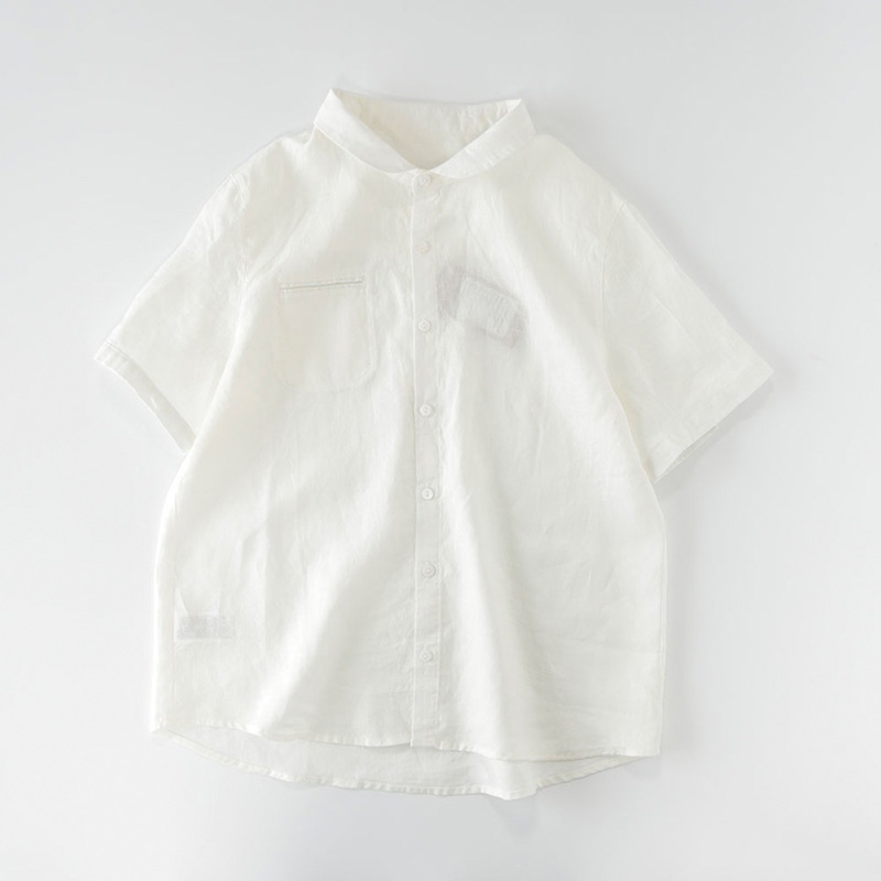 Ice cotton linen short-sleeved shirt Japanese stand-up collarblouse second to kill the big brand withdraw single cut label