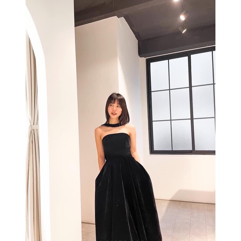 Váy Dự Tiệc, Đầm Dự Tiệc Váy Đen Nhung Cao Cấp Dáng Xòe Dây Cổ Nơ Lưng Sang Chảnh Hàng Thiết Kế - De Mila V78