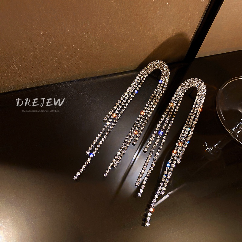 DREJEW Khuyên tai bạc 925 dáng dài phối tua rua đính đá phong cách Hàn Quốc thời trang