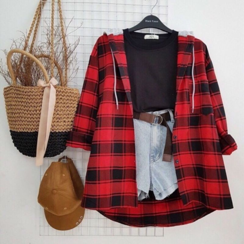 Áo khoác sơ mi ca rô , áo sơ mi caro có nón vải thun dày dặn | BigBuy360 - bigbuy360.vn