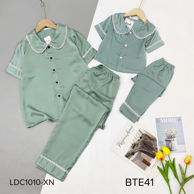 Bộ mặc nhà pijama vải trơn viền ren áo cộc quần dài (Ảnh thật)