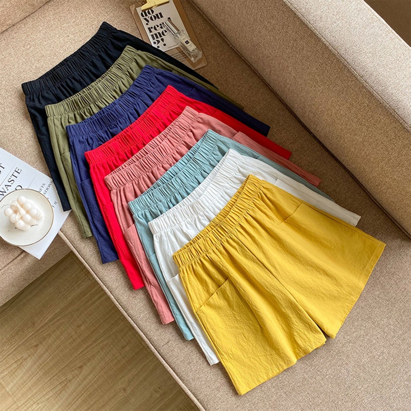 Quần Short Cotton Lanh Ống Rộng Lưng Cao Co Giãn Màu Trơn Có Túi Cho Nữ