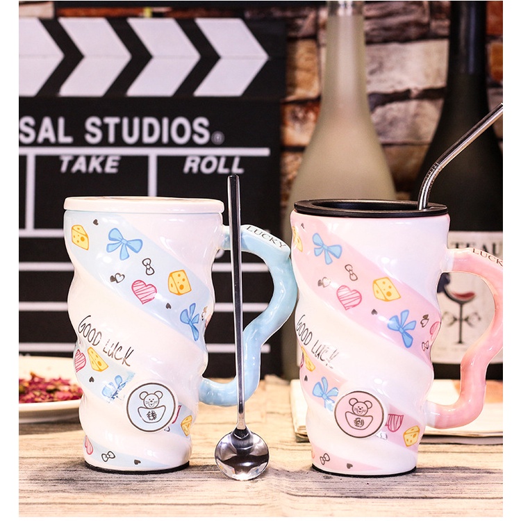 Ly sứ có nắp, ly sứ có nắp văn phòng 550ML tặng kèm thìa và ống hút
