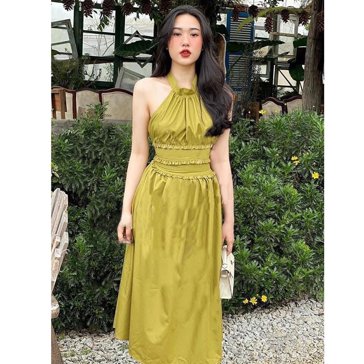 Đầm thô cổ yếm hở lưng Váy chiết eo phối viền hàng loại 1 | BigBuy360 - bigbuy360.vn