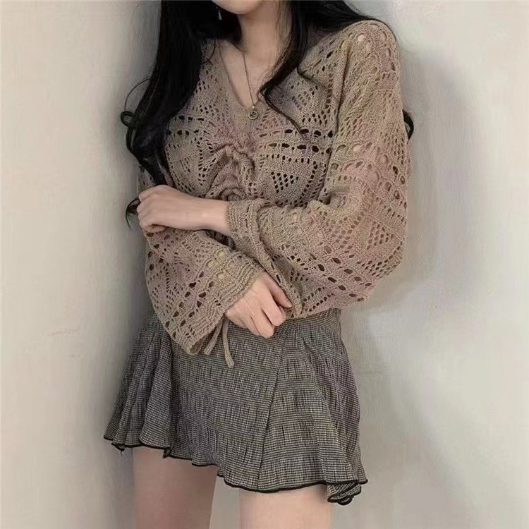 SUXI Áo Dệt Kim Mỏng Tay Dài Cổ Chữ V Phối Dây Rút Phong Cách Hàn Quốc