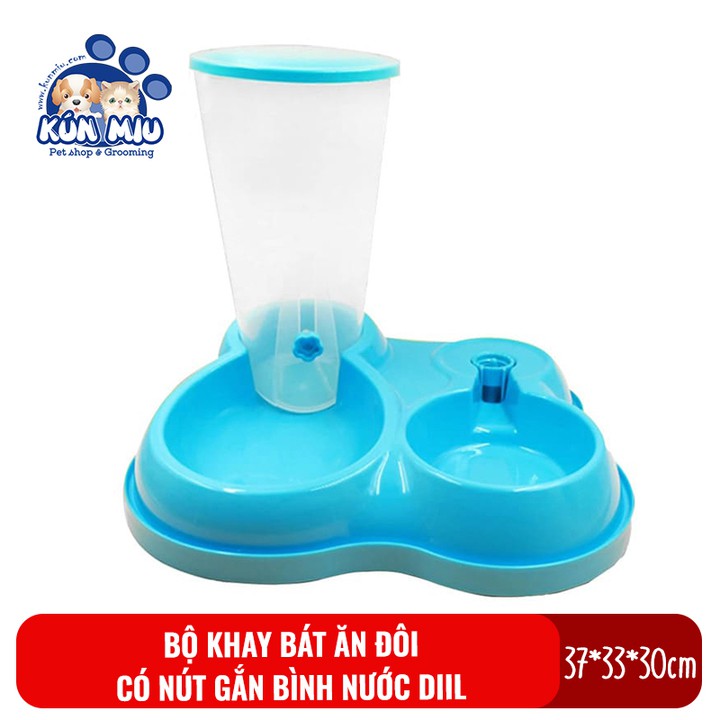 Bộ khay bát ăn đôi có nút gắn bình nước tự động cho chó mèo Diil LS122 Kún Miu chất liệu nhựa cao cấp