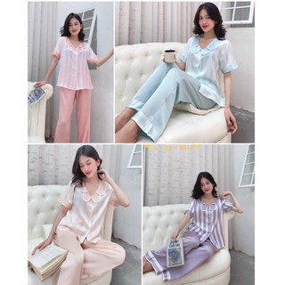 Bộ Pijama LỤA SATIN HÌNH, tay ngắn quần dài, có size, có túi quần