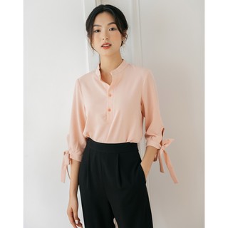 [ HÀNG CÓ SẴN] Sơ mi nữ Sơ mi cổ tàu tay nơ hồng áo thiết kế