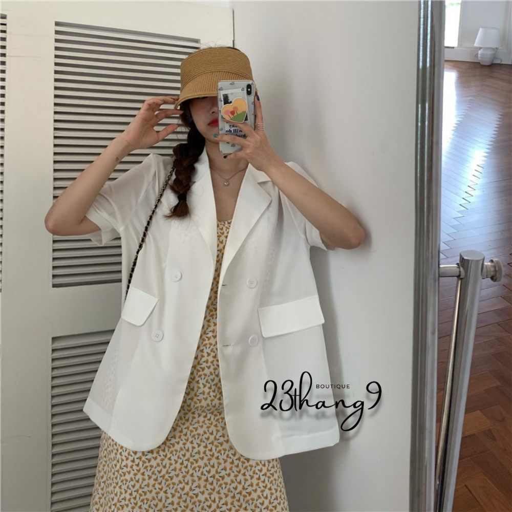 Áo blazer nữ tay ngắn , Áo khoác blazer nữ 2 lớp tay cộc vest màu be màu trắng màu nâu vải tuyết mưa cao cấp