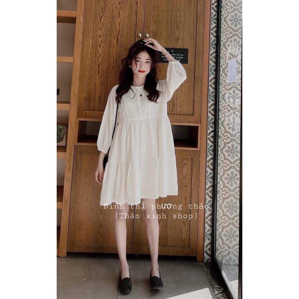 Đầm dài tay nữ xếp li ngực dáng suông phong cách ulzzang/ Váy babydoll dáng dài vintage tay bồng tiểu thư_ranstore