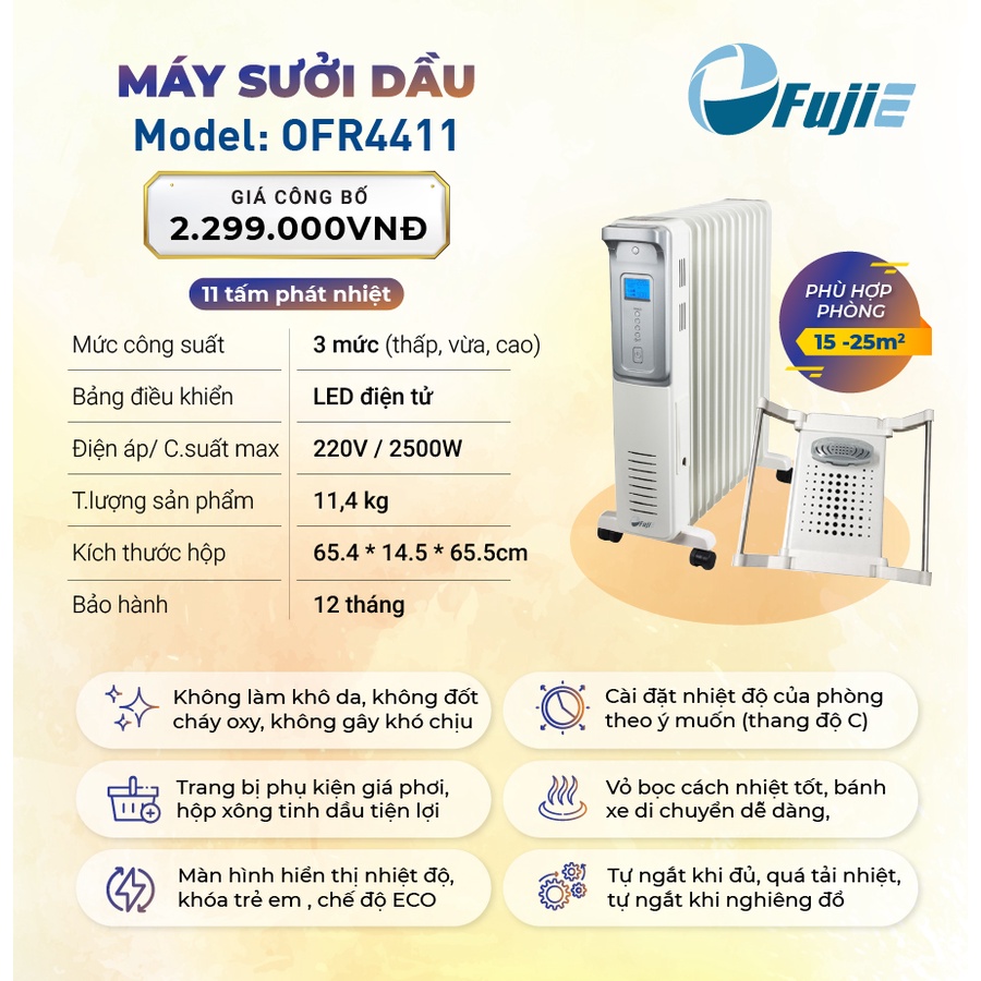 Máy sưởi dầu Nhật Bản Nhập Khẩu không khô da Fujihome 11 thanh, máy sưởi ấm điện tự ngắt không đốt oxy không gốm mini