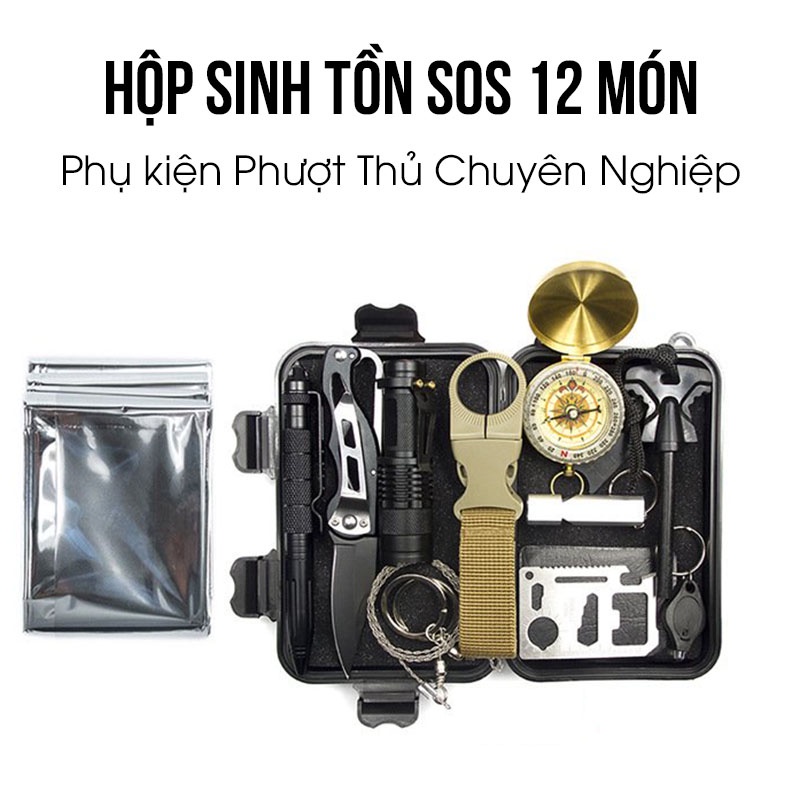 Bộ Sinh Tồn - Hộp Sinh Tồn SOS Cao Cấp 12 Món Phụ Kiện Phượt Thủ Chuyên Nghiệp - Đồ Dùng Đi Phượt Có Kèm Dây Cưa