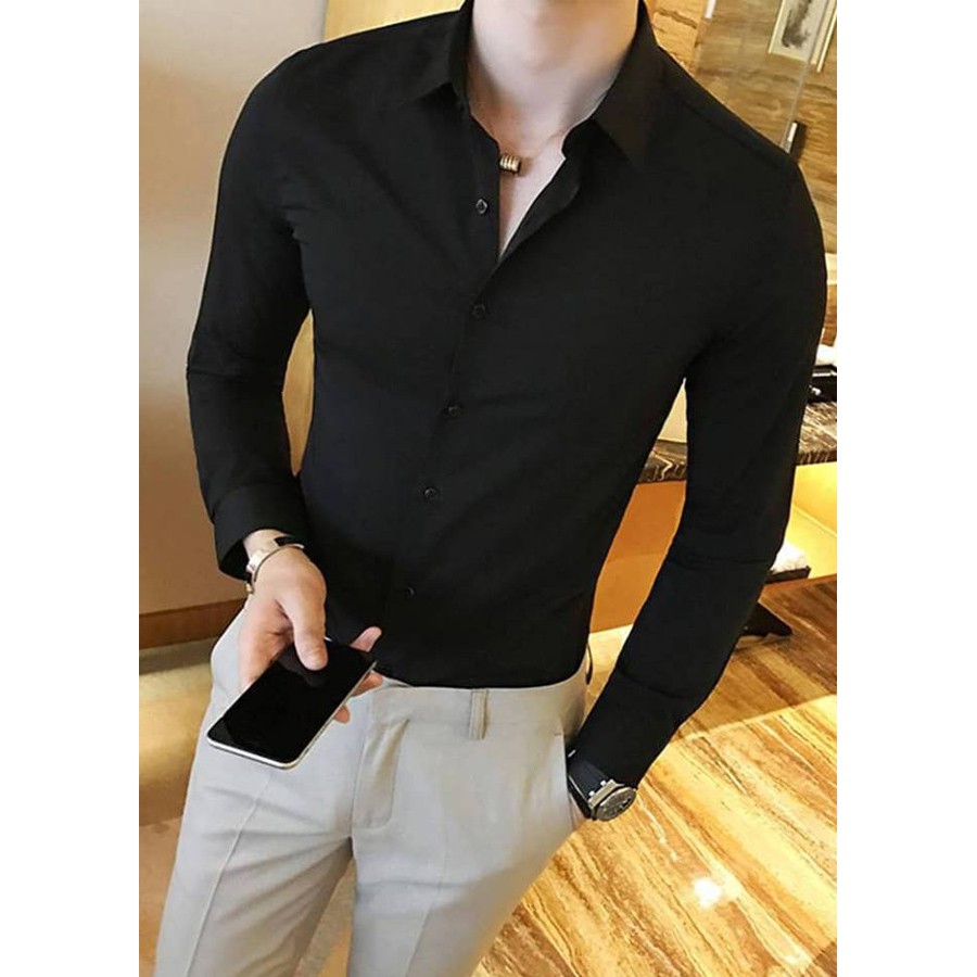Áo Sơ Mi Nam Dài Tay Đen Trơn Chất Lụa Mịn Dáng Vừa Thoáng Mát Thông Hơi