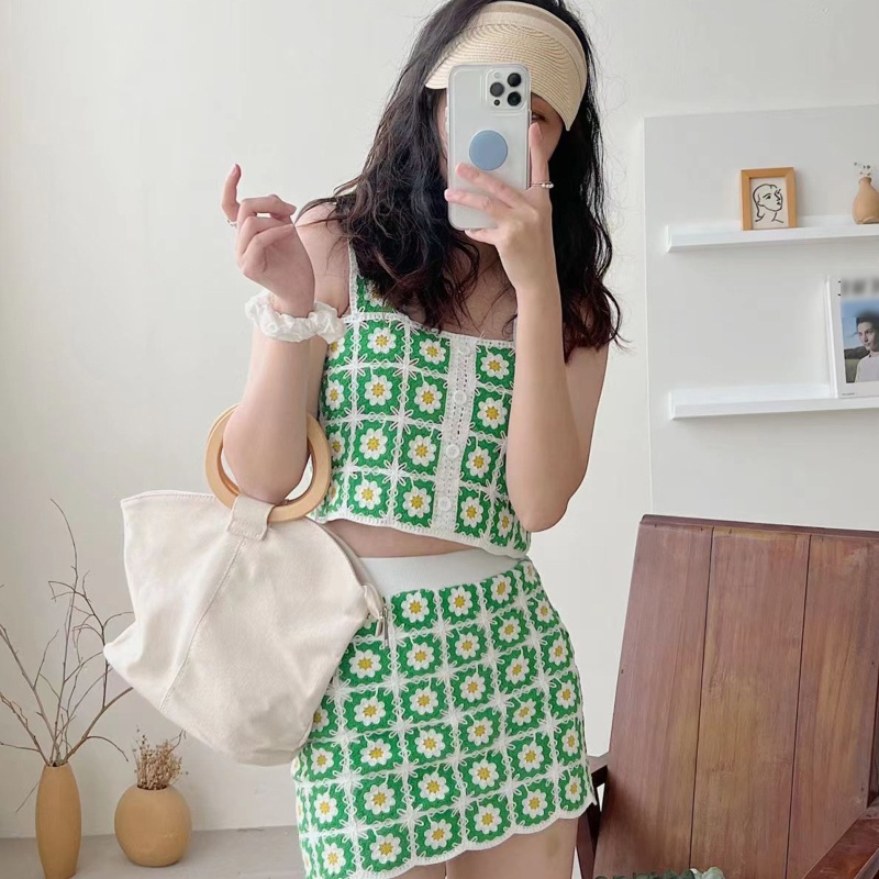 Bộ Áo Tank Top Khoét Lỗ + Chân Váy Phong Cách Boho Thời Trang Mùa Hè Cho Nữ