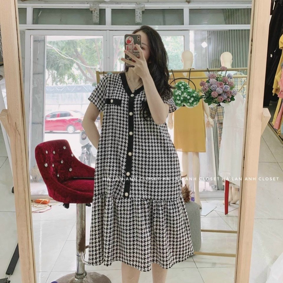 Đầm Bầu Váy Bầu Công Sở Mùa Hè Lịch Sự Xinh Xắn Dáng Suông Họa Tiết Kẻ Zigzag Đi Làm Đi Chơi HD2869 Honey Mommy