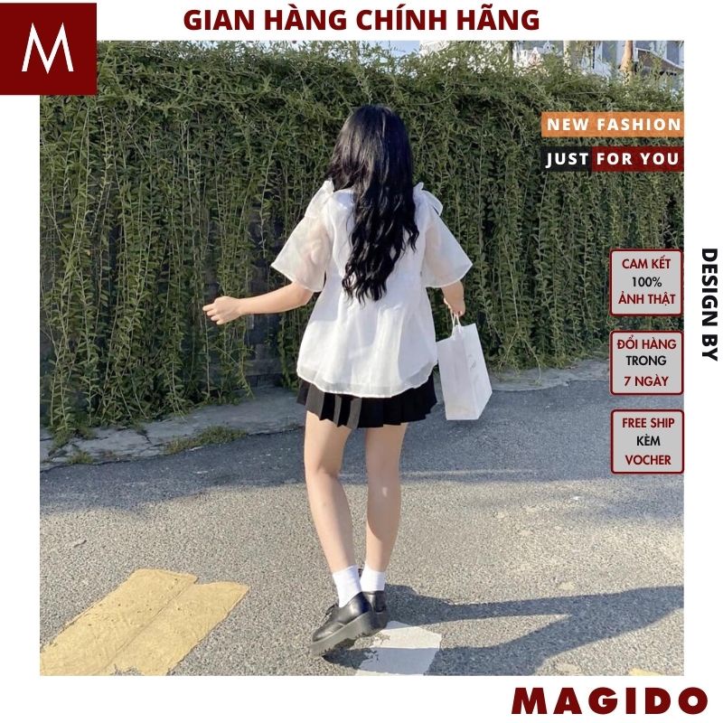 Áo babydoll nữ voan tơ 2 lớp nơ vai kiểu dáng hàn quốc ulzzang tiểu thư bánh bèo dễ thương -MAGIDO