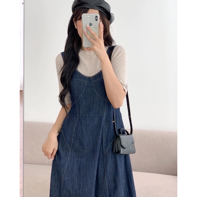 [Ảnh thật/Videi]Yếm jean Hàn dáng dài xoè nhẹ tôn dánh Đầm xoè hai dây Hàn Quỗ