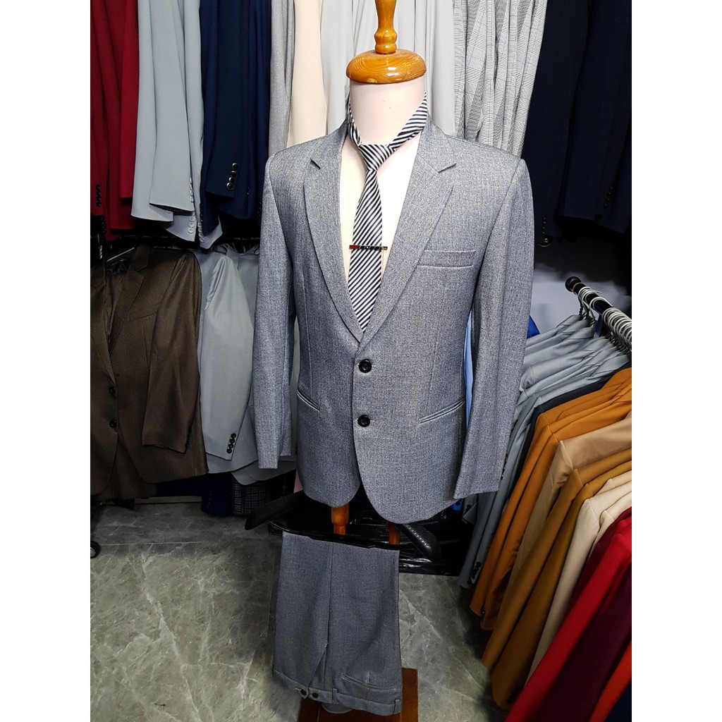 Bộ vest nam trung niên 2 nút màu xám ghi chất liệu vải bố dày mịn