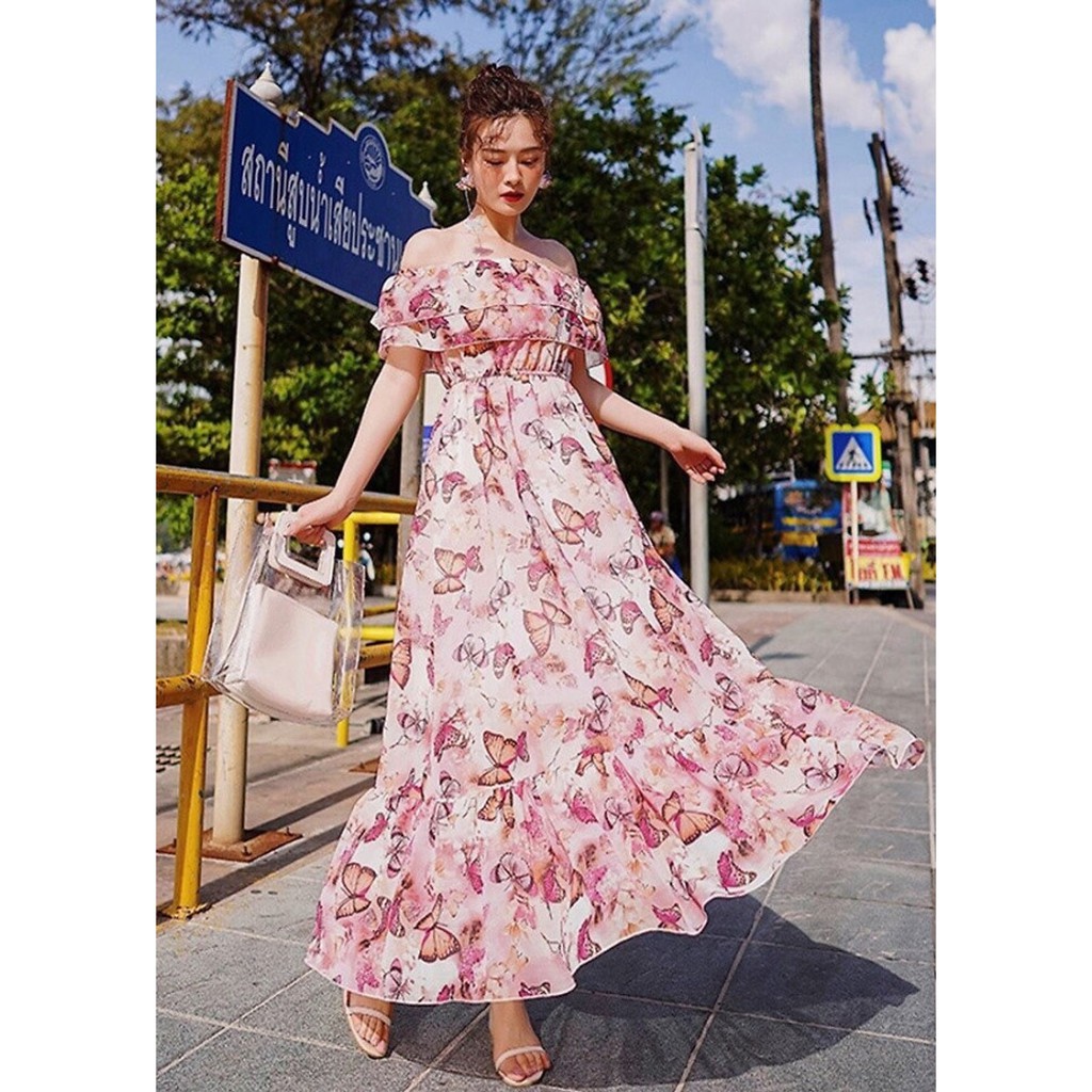 Đầm Xòe Maxi Từng Họa Tiết Bướm Hồng BY4405